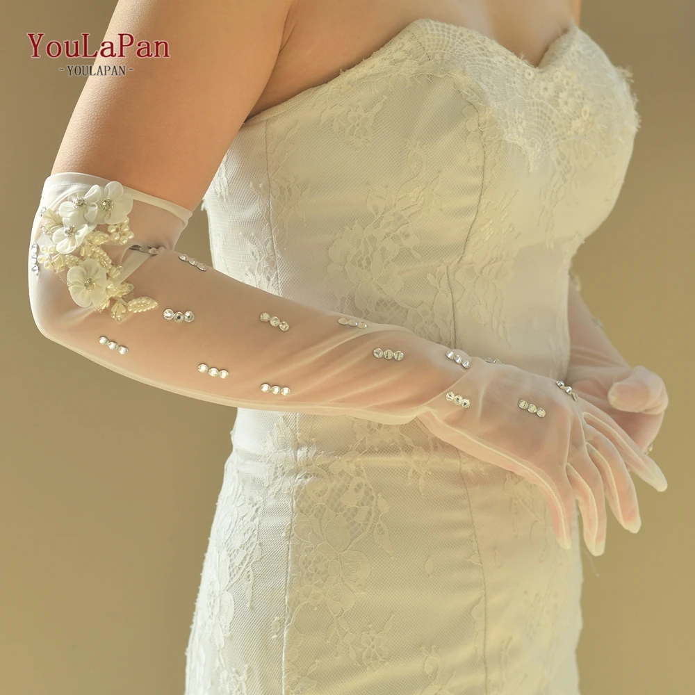 

YouLaPan T28 Elbow Length Women's Mesh Five Finger Gloves High Quality Breathable Mesh Gloves Rhinestone Applique Wedding Gloves