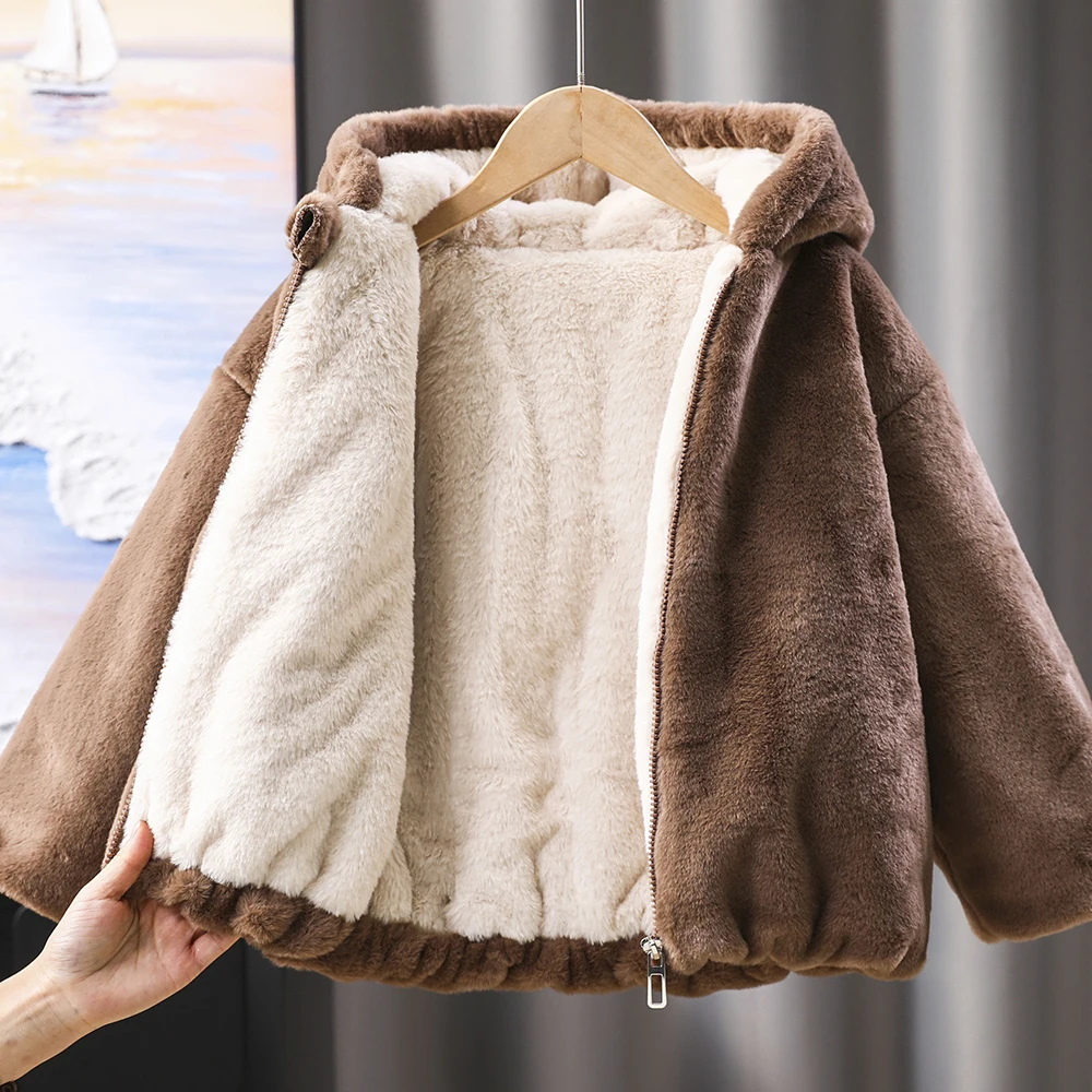 

Толстые теплые детские бархатные хлопковые пальто для детей от 2 до 8 лет, осенне-зимние куртки из искусственного меха норки и флиса, верхняя одежда, детское пальто с капюшоном