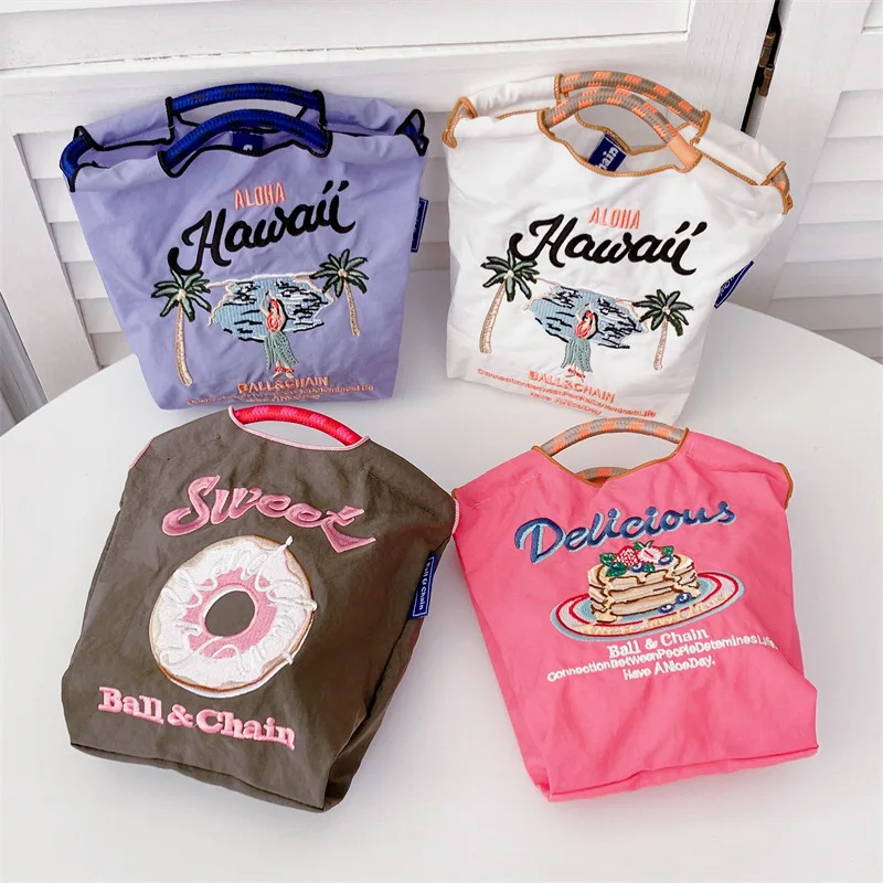 

Japanese Style Mini Ball Chain Handbag Portable Embroider Canvas Handbag Embroidery Crossbody Nylon Shopping Bag Girls Gifts Y2K