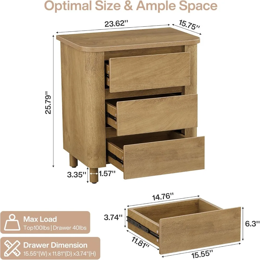 Meja Samping dengan 3 Laci untuk Ruang Tamu, Meja Ujung Sofa Gaya Farmhouse, Cokelat Rustik