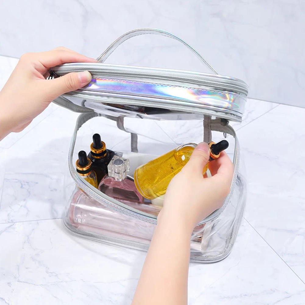 Tragbare transparente Make-up-Tasche, doppellagige Kosmetiktasche aus PVC, wasserdichte Waschtasche mit großem Fassungsvermögen, transparente Reise-Aufbewahrungstasche – Detail 4