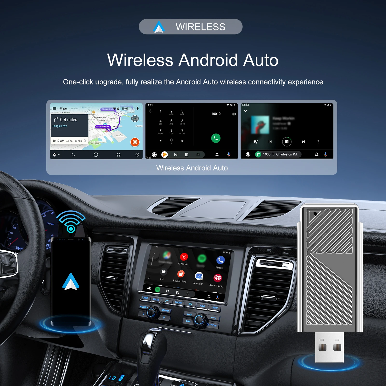 Podofo Wired To Wireless Android Auto Box Android Auto Adapter Voice Assistant USB/Type-C Bluetooth WIFI Bluetooth Android Auto