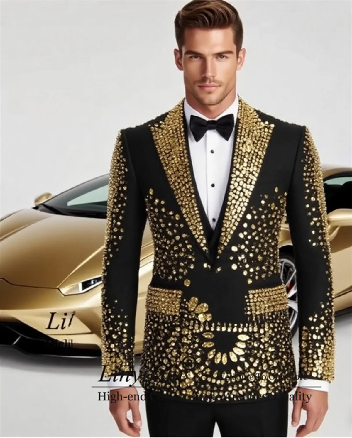 

Luxury Metal Embellished Men Suits 3 Pieces Sets Slim Party Prom Blazer Customized Costume Homme Business Male Groom Tuxedos