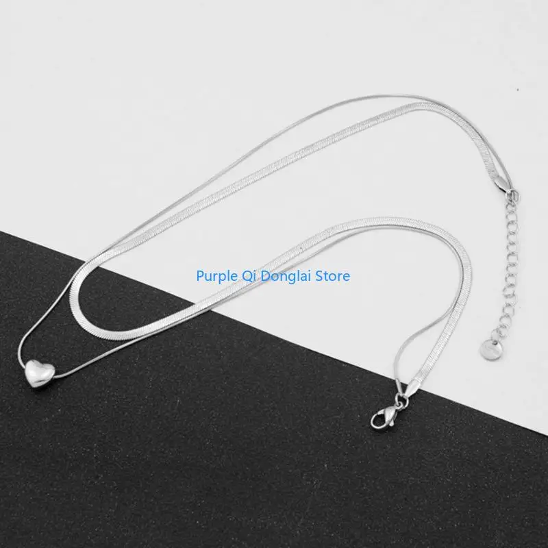 L21E Unique Heart Pendent Necklace Double Layered Pendant Choker Stainless Steel Chain Choker Perfect for Fashionable Ladies