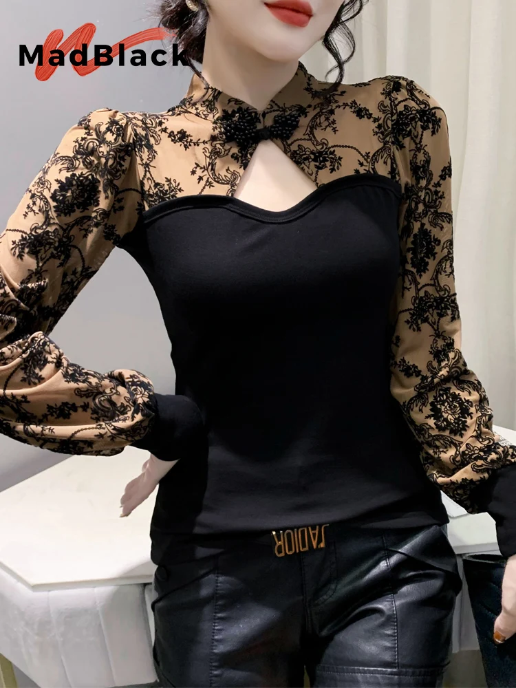 

MadBlack European Clothes TShirt Women Sexy Stand Collar Patchwork Hollow Out Slim Mesh Tops Long Sleeve Tees Autumn T38377JC