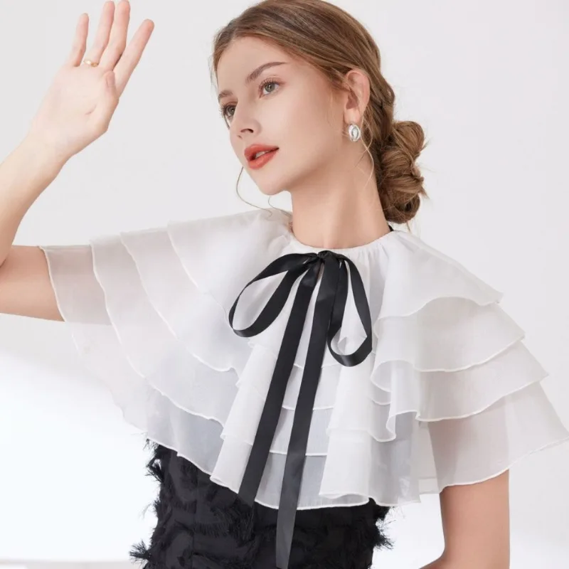 Light and Flowing Layered Large Waves Dreamy Lotus Leaf Shawl-like Cape with Bow Decorations and An Extra Collar