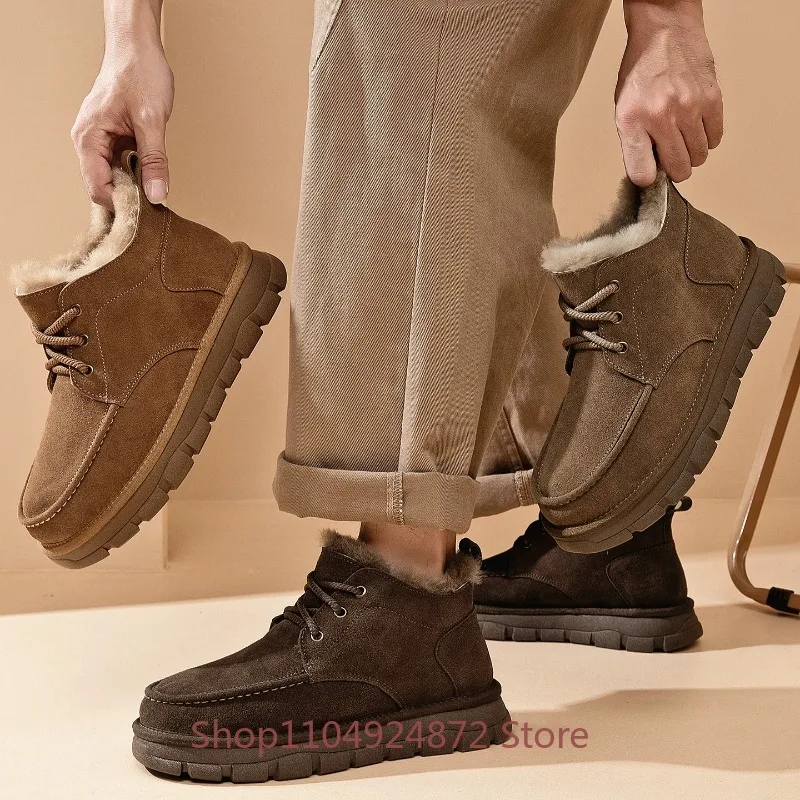 Men's Winter Snow Boots Genuine Suede Leather Warm Lace-up Thick Non-slip Sole Outdoor Casual Wool Cotton Shoes Mal Ankle Boots