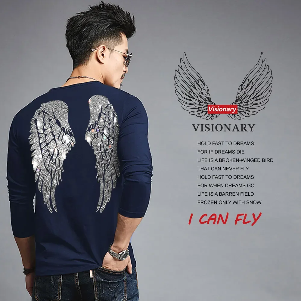 Unisex Rhinestone Wings Print T shirts Male Streetwear Cotton Ins Punk T-Shirt Dropshipping Oversize Long Sleeve Clothes