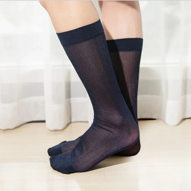 12 Pairs Mens Socks Wholesale Solid Color Thin Shiny Silk Long Socks for Man Sexy Nylon Elastic Business Casual Dress Stockings