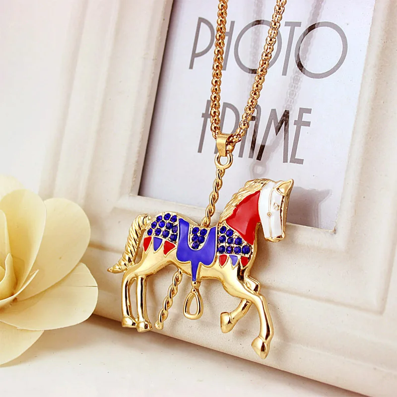 Beautiful Enamel Horse Crystal Long Bohemian Necklace For Women Gift Necklaces Pendants Fashion Jewelry X610