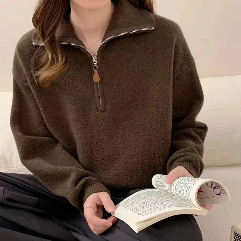 Half Open Zipper Knitted Sweaters for Women 2026 New Thicken Warm Autumn Winter Jumpers Female Vintage Loose Pullover Sweater