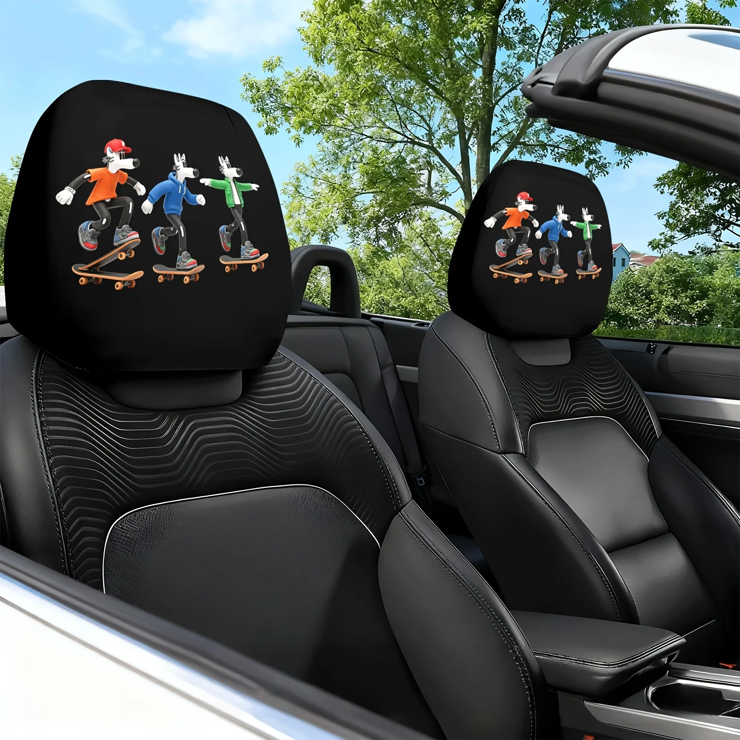 2 fundas para reposacabezas de coche con estampado de dibujos animados de muñecos de skate, cojín protector para el cuello y reposacabezas del asiento del coche