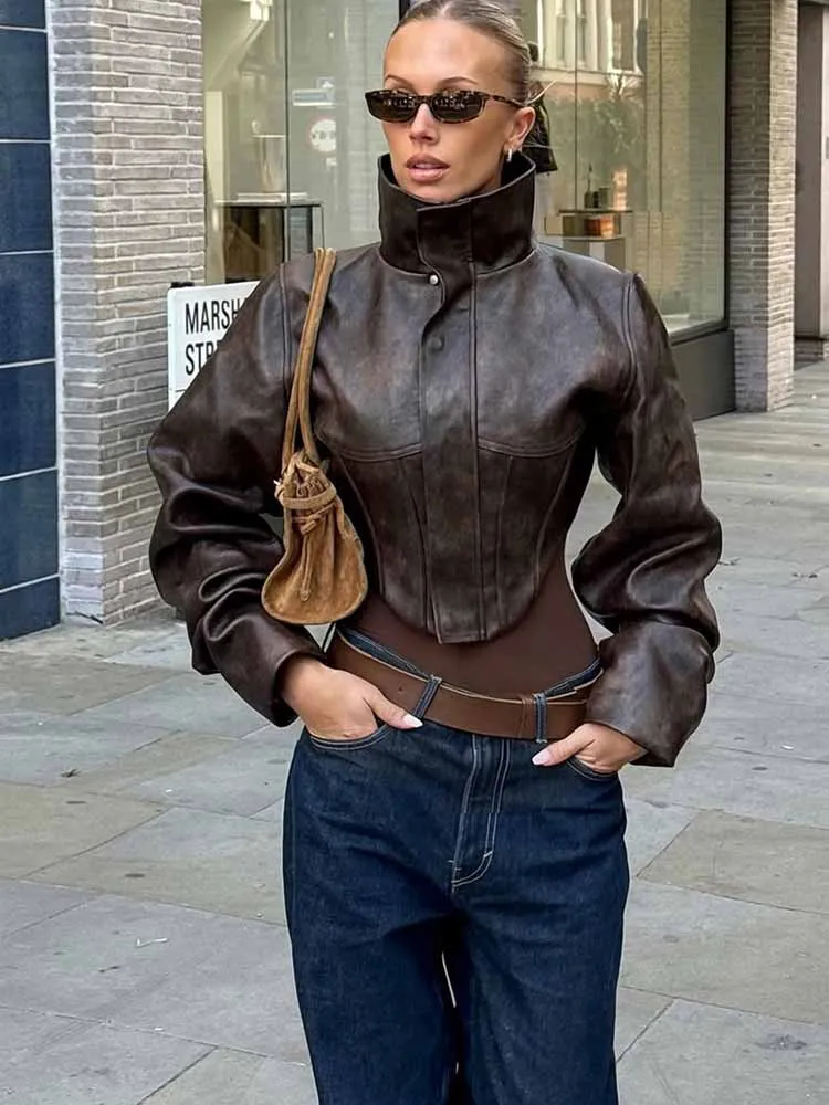 BKQU Vintage Leren Jas Vrouwen Onregelmatige Stand Kraag Rits Afslanken Crop Jas Mode High Street Lady PU Bovenkleding 2025