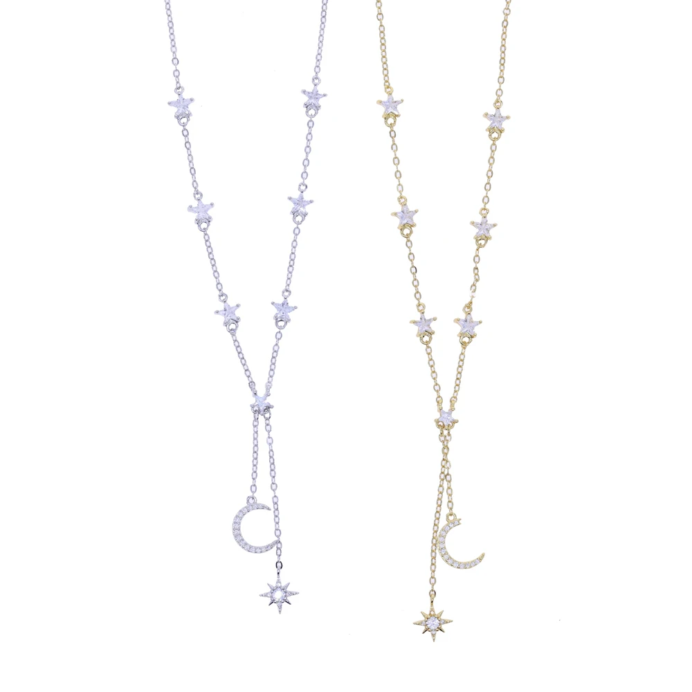 Micro Pave Moon Star Cz Station Chain Elegant Fashion Midnight Drop Charm Necklace Fashion Modern Chic Bling Cz Choker Jewelry