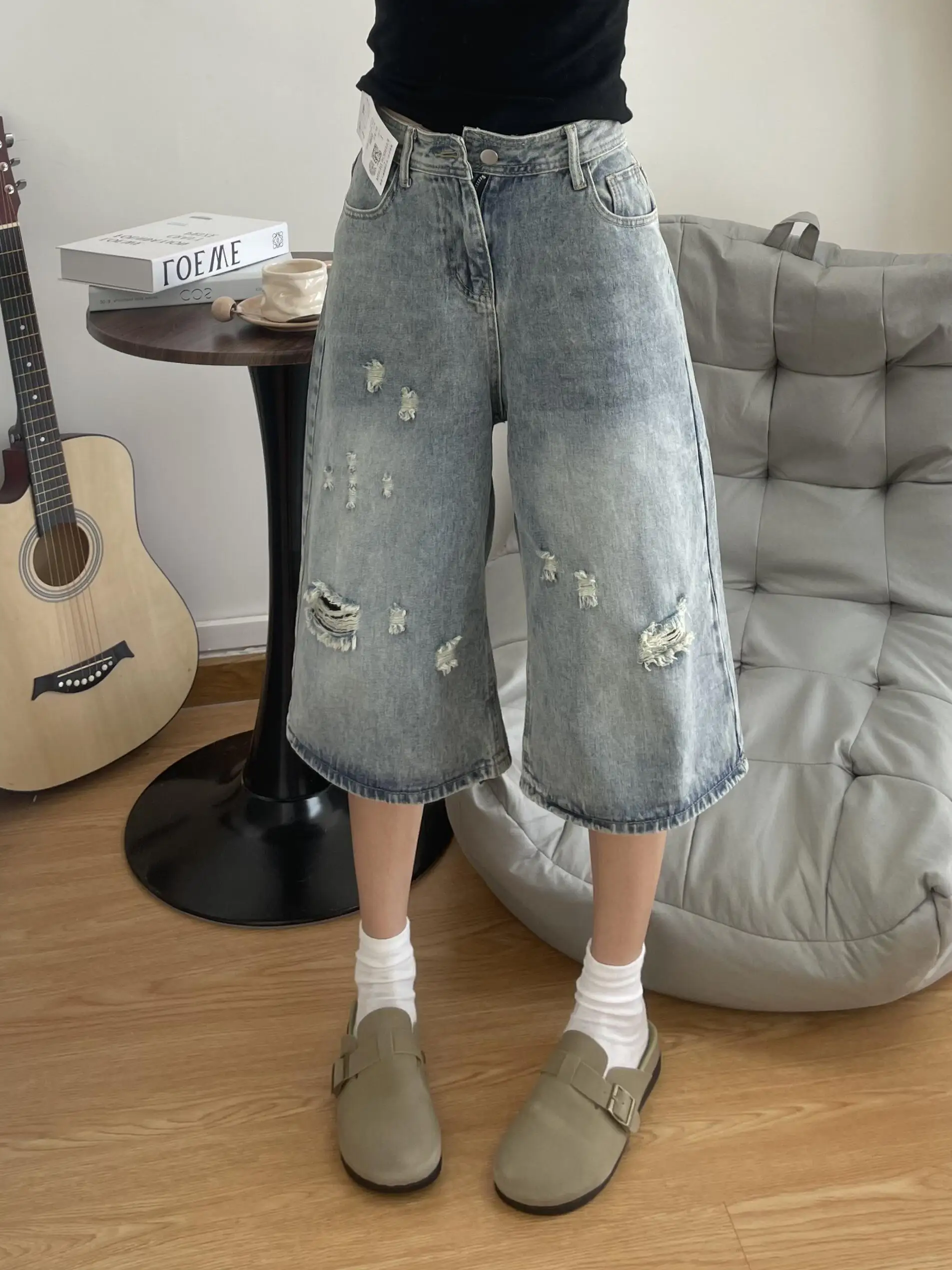 Sweet Cool Spicy Girl American Style Hole Seven-Five Denim Pants Women Summer Design Loose Slim Straight Leg Wide Leg Mid-Pants