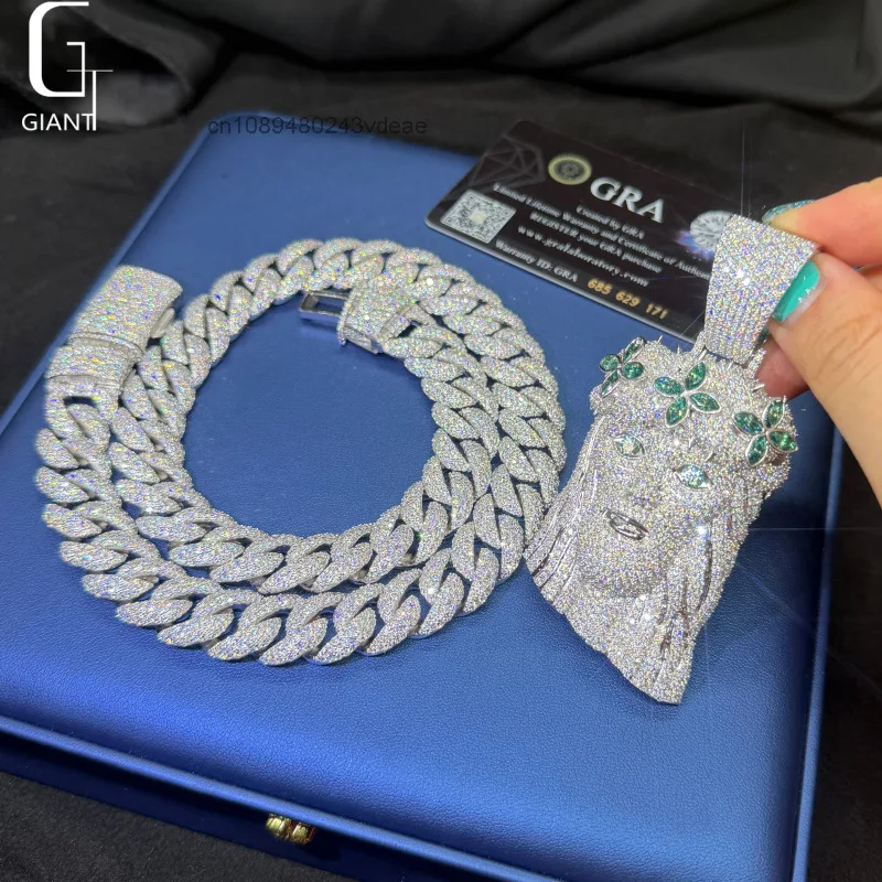 15MM Miami Iced Out Moissanite Cuban Chains 925 Silver Mosaic Set Moissanite Necklace Big Heavy HipHop Jewelry Cuban Link Chains