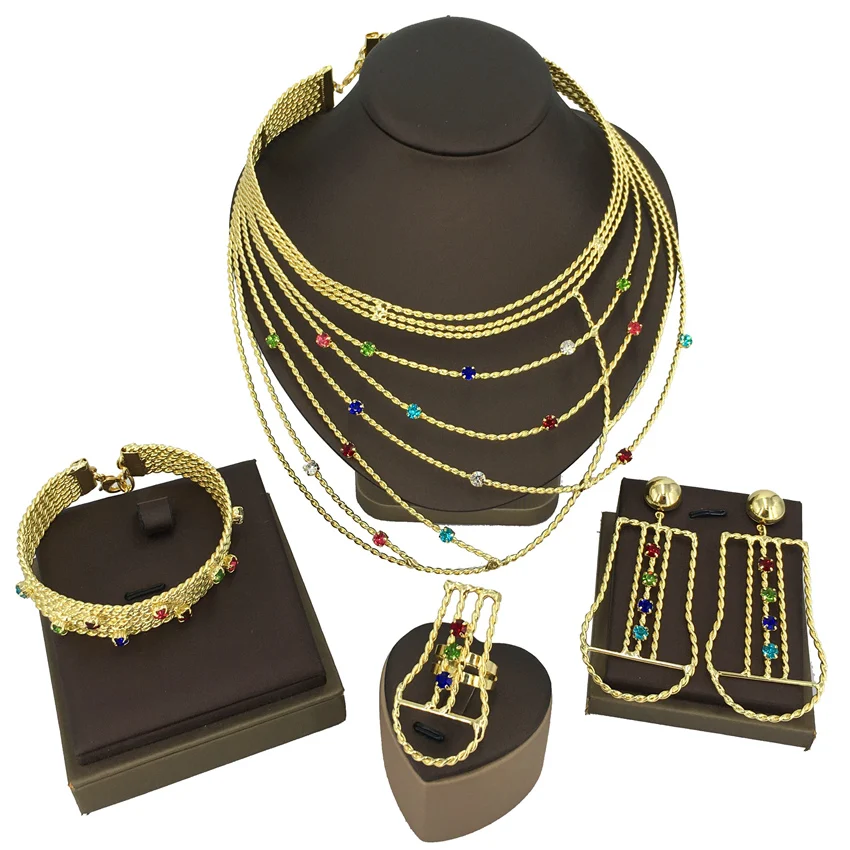 

Fashion Jewelry Set Store Latest Popular Brazilian Dubai African Wedding Bridal Colorful Stone Necklace Gifts for Women FHK13540