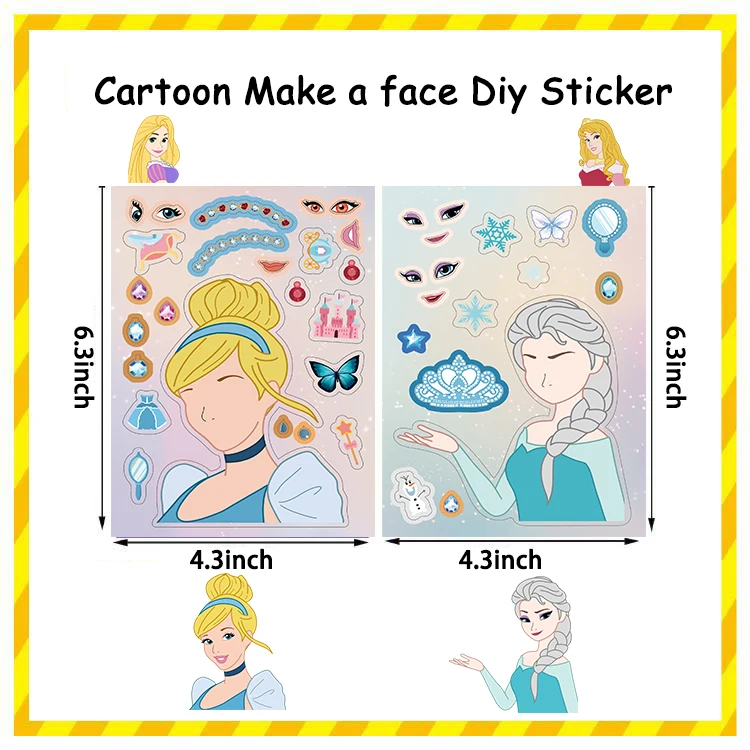 8/16Pcs Disney Princess Children DIY Make a face Stickers for Laptop Guitar Suitcase Graffiti Waterproof Sticker Decals Kids Toy