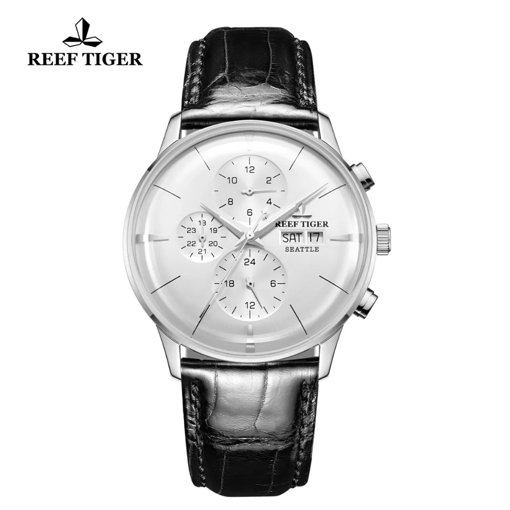 Reef Tiger Mens Multifunctional Mechanical Wristwatch Automatic Bubble Mirror Luminous Hands Calendar Retro Center Seconds Watch