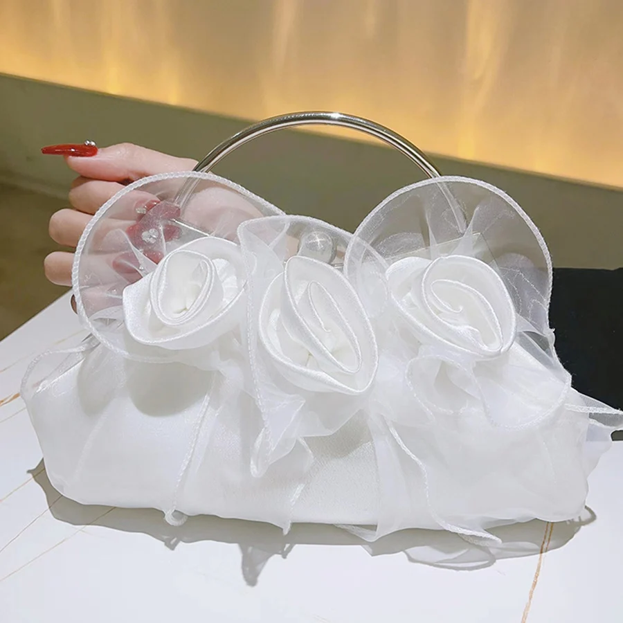 

White Satin Flower Fairy Evening Bags Dumpling Clutch Metal Handle Handbags Women Wedding Party Bridal Purse Chains Shoulder Bag