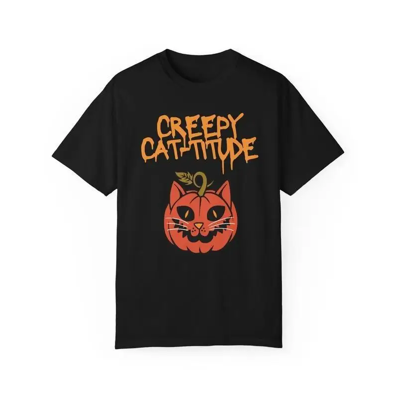 

Funny Halloween Creepy Cat-titude T-Shirt for Men Women, Pumpkin Cat Graphic Tee, Unisex Horror Theme Party Top
