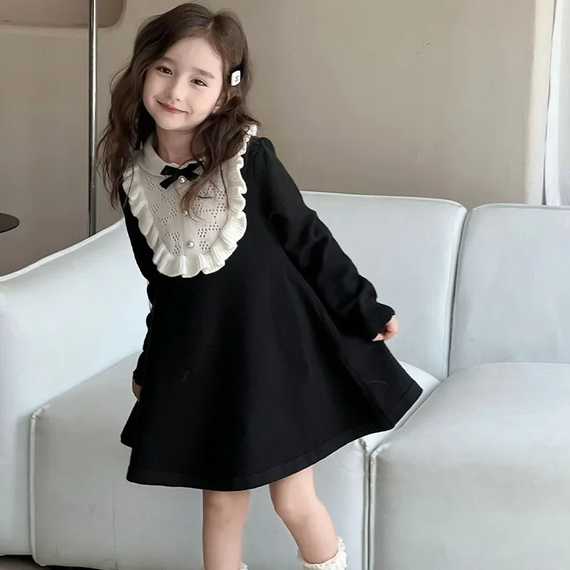 2-8Y Girls Knitting Wool Long Sleeve Princess Dress Autumn Winter Warm Sweater Dress Kids Casual Clothes