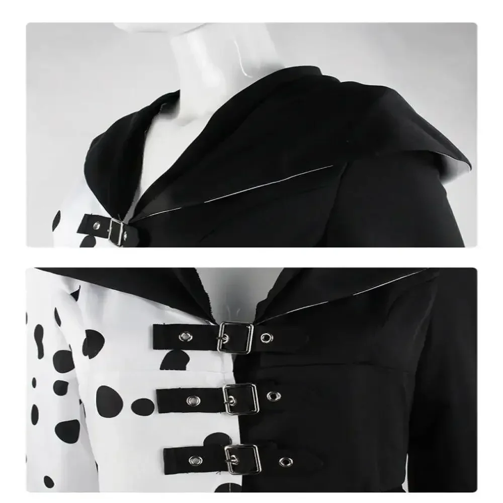 Anime Cruella 코스프레 의상 드레스 세트 장갑 망토 할로윈 복장 성인 여성을위한 망토 정장