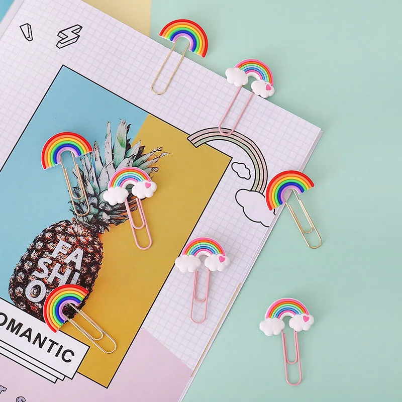 10PCS Rainbow Cloud Shaped Paper Clips Cute Small Paperclips PVC Metal Bookmark Clips File Note Clips Book Markers