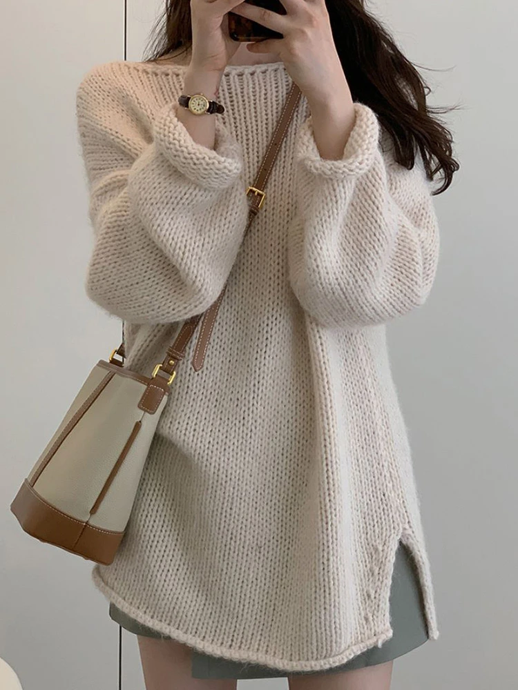 

Lu Casual Loose Women's Sweater Autumn Winter New Sle Medium Length Design Knitted Top Soft Tawny White Sweet Sle