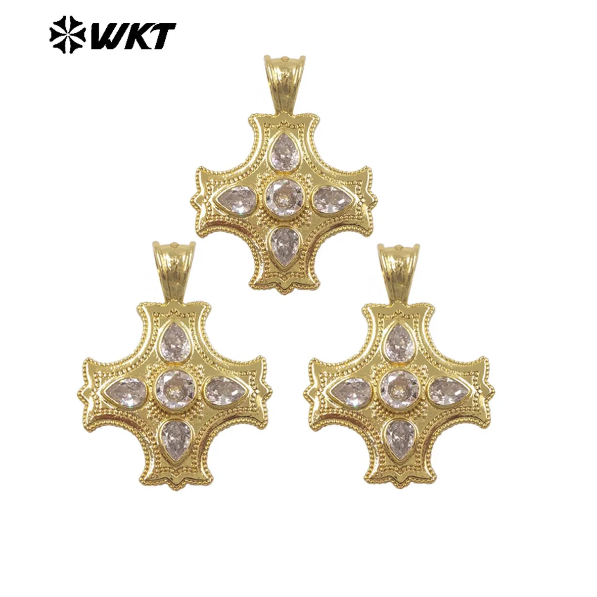 WT-P2118 Square Cross Shape With Transparent Zircon Paved Yellow Brass Pendants For Necklace Jewelry Findings 3