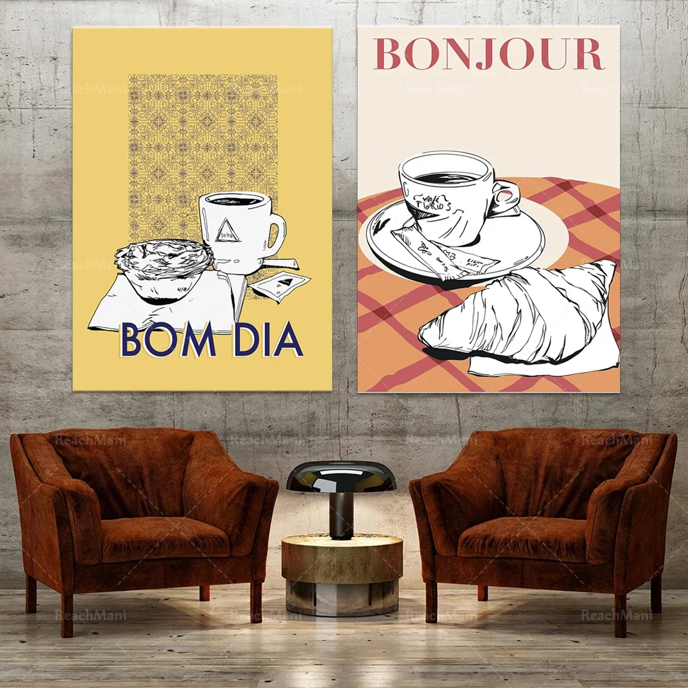 BOM DIA Portuguese coffee poster wall art, French croissant, modern kitchen living room gourmet home decoration canvas print