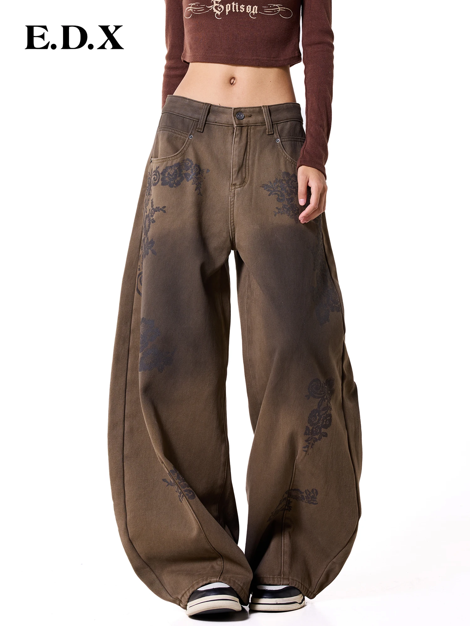 High Waist Fleece Lined Wide Leg Denim Jeans Women's Vintage Print Casual Trousers Autumn Fashion plus Size Cotton Pants