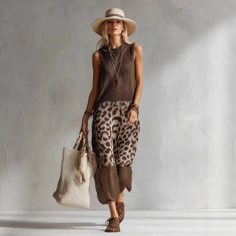 Damen Boho Leopardenmuster Strick-Maxikleid Sommer Locker Ärmellos Rundhals Asymmetrischer Saum Pulloverkleid für Freizeit und Urlaub