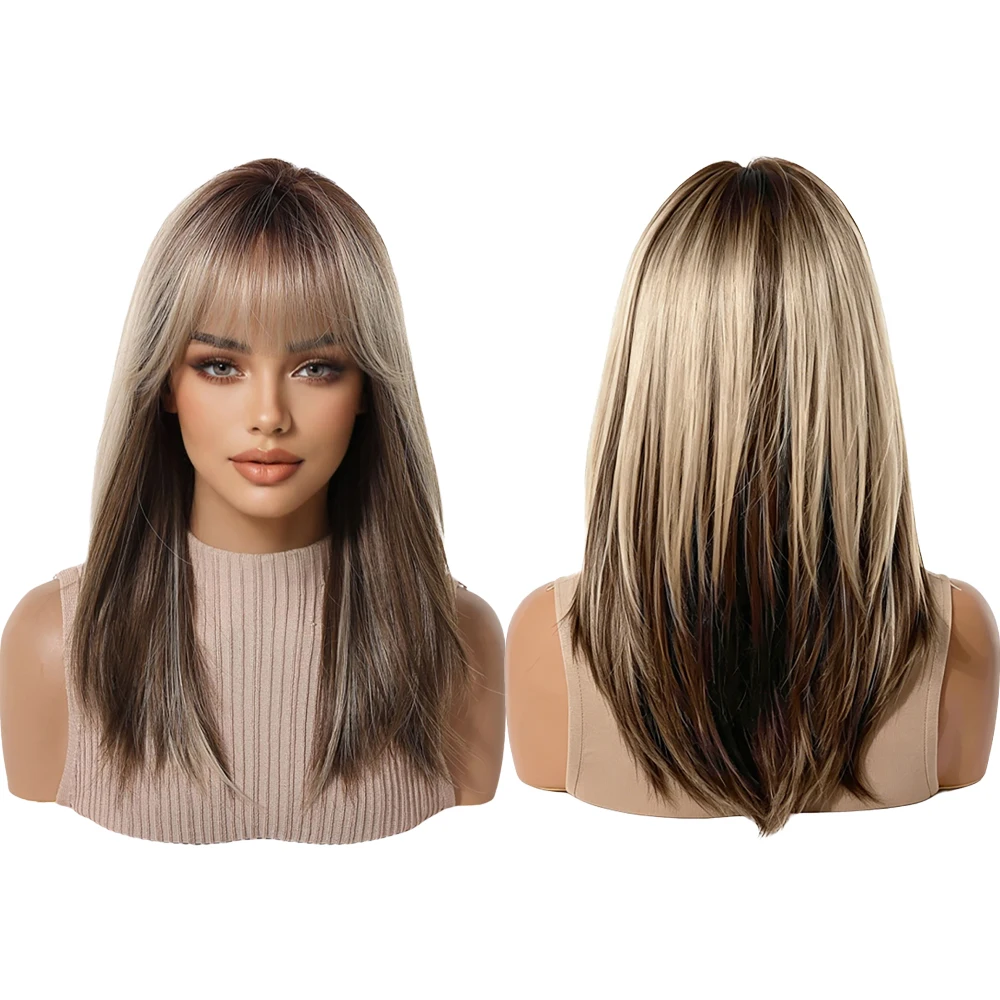 Balayage Ombre Brown Wig with Blonde Highlights Medium Straight Wigs with Air Bangs Women Synthetic Hair For Daily Party Cosplay