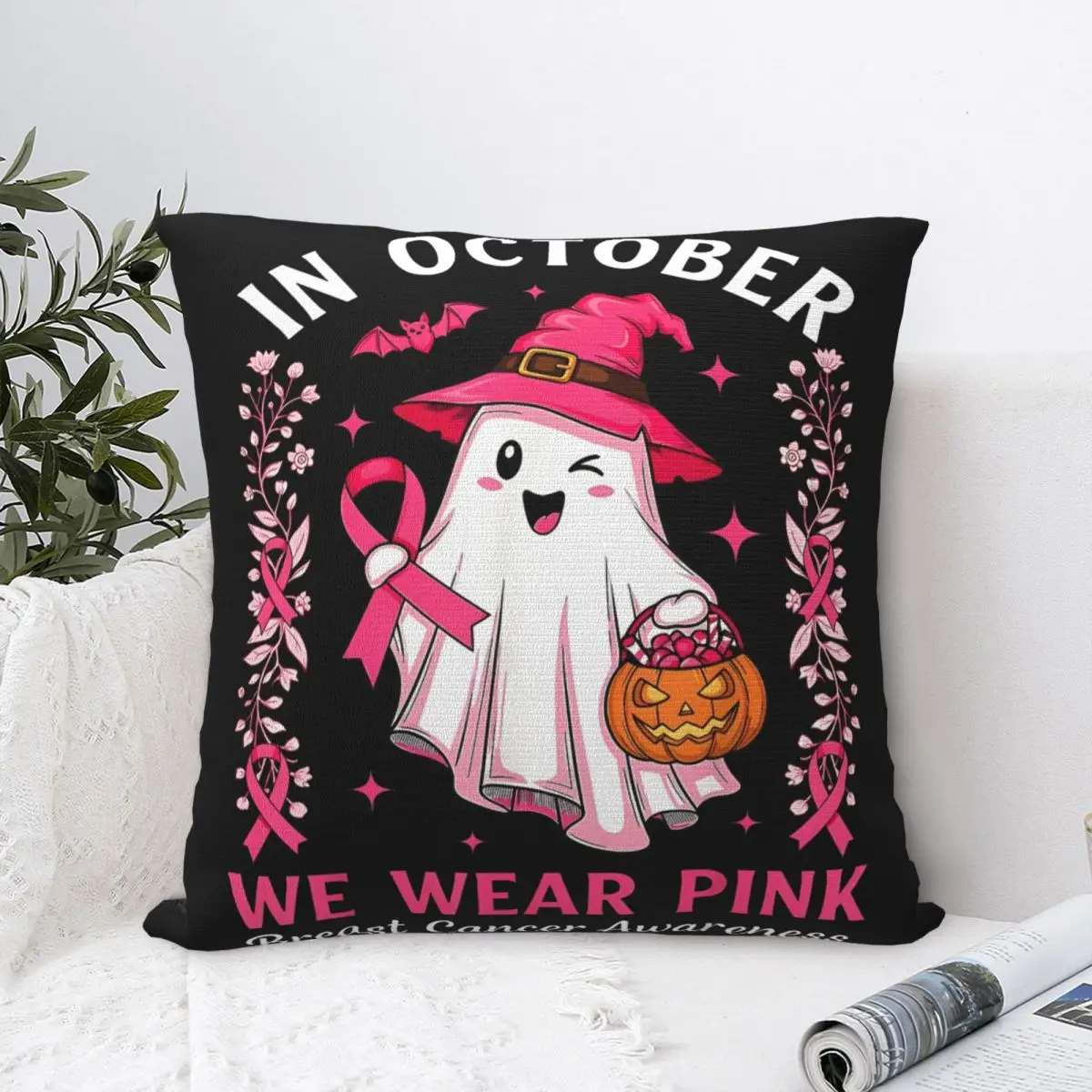 Breast Cancer Halloween In October We Wear Pink Ghost Pillow Case Cushion Cover Decorative Throw Pillow Case Cover for Home
