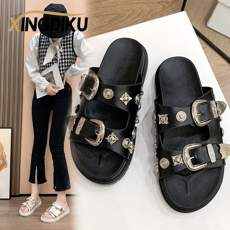 punk slippers women\'s 2022 spring autumn new metal buckle boutique decoration wedge heel comfortable outer wear slippers