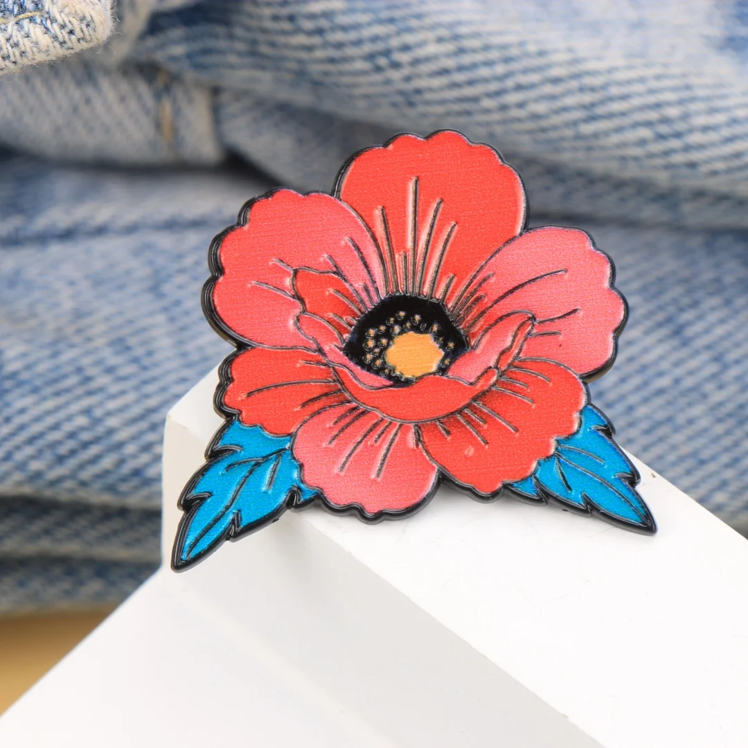 Red Poppy Flower Enamel Pin, Bold Botanical Brooch with Blue Leaves, Vibrant Floral Metal Badge for Jackets, Bags & Hats