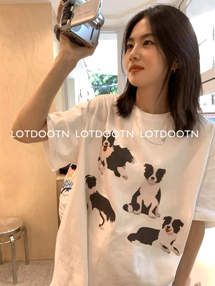 LOTDOOTN Summer Y2k Aesthetic Puppy Print Basic Short Sleeve T-shirts Streetwear All Match Loose Tops Women Casual O Neck Tees