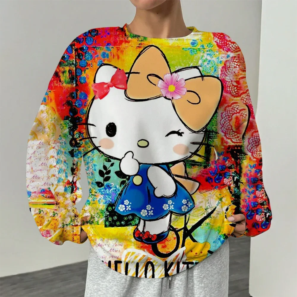 Vintage HELLO KITTY Print Crewneck Pullovers Harajuku Hoodie Wanita Musim Gugur Sweatshirt kawaii HELLO KITTY Sweatshirts