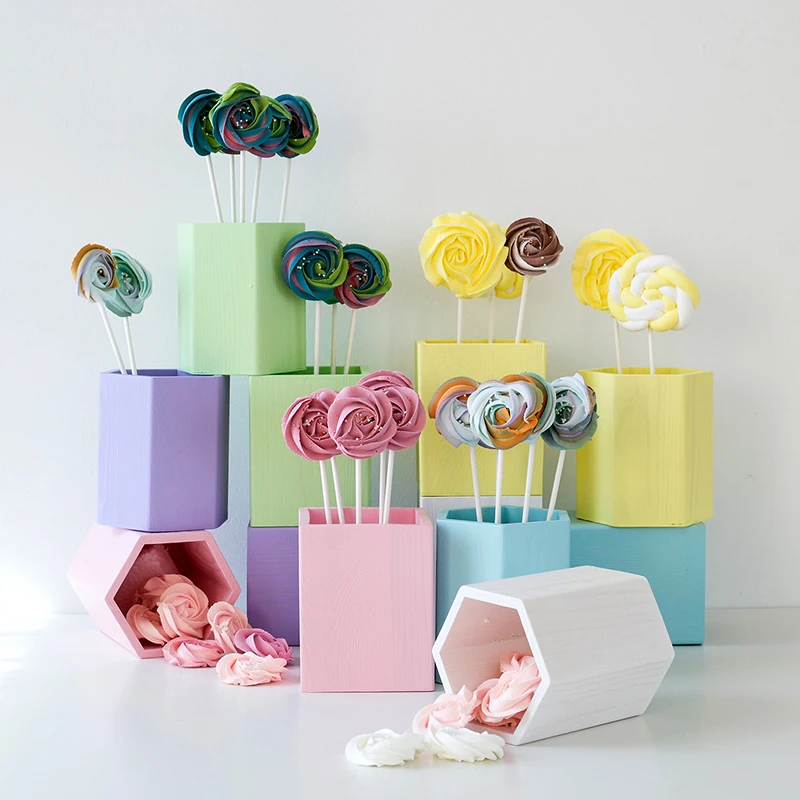 

Cute Wooden Pen Holder Pink Lollipop Color Square Bucket Desktop Storage Decoration Nordic Style Living Room Study Office Medium