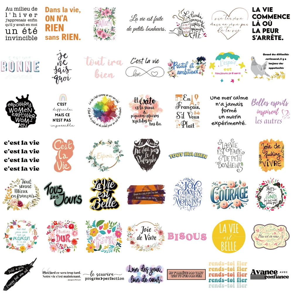 50 قطعة من ملصقات اللغة الفرنسية التحفيزية يقتبس الشارات الإيجابية للكمبيوتر المحمول الكلاسيكي PVC مقهى مقاوم للماء ملصق الهاتف للدراجات النارية