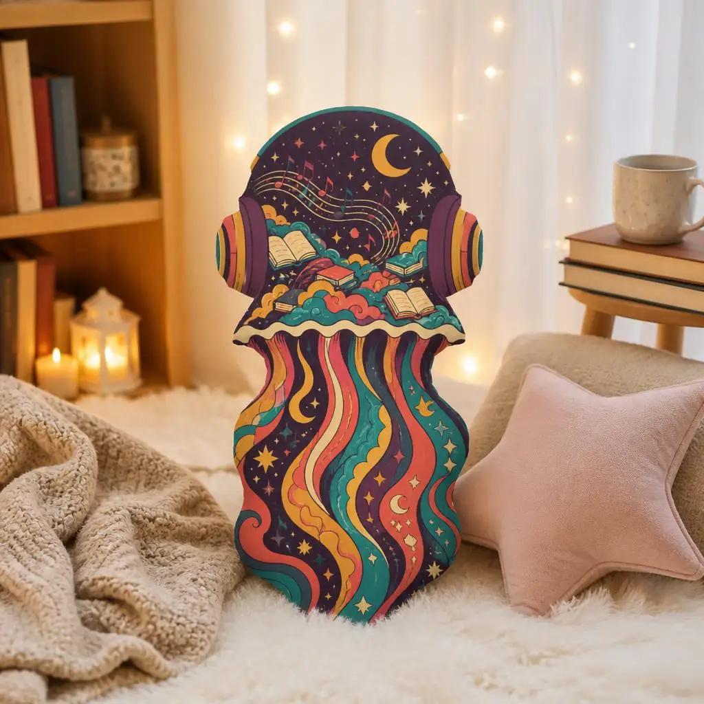 Psychedelic Headphones Pillow Celestial Music Cushion Book Lover Audio Decor Shaped Plush Stuffed Throw Pillow Home Gift