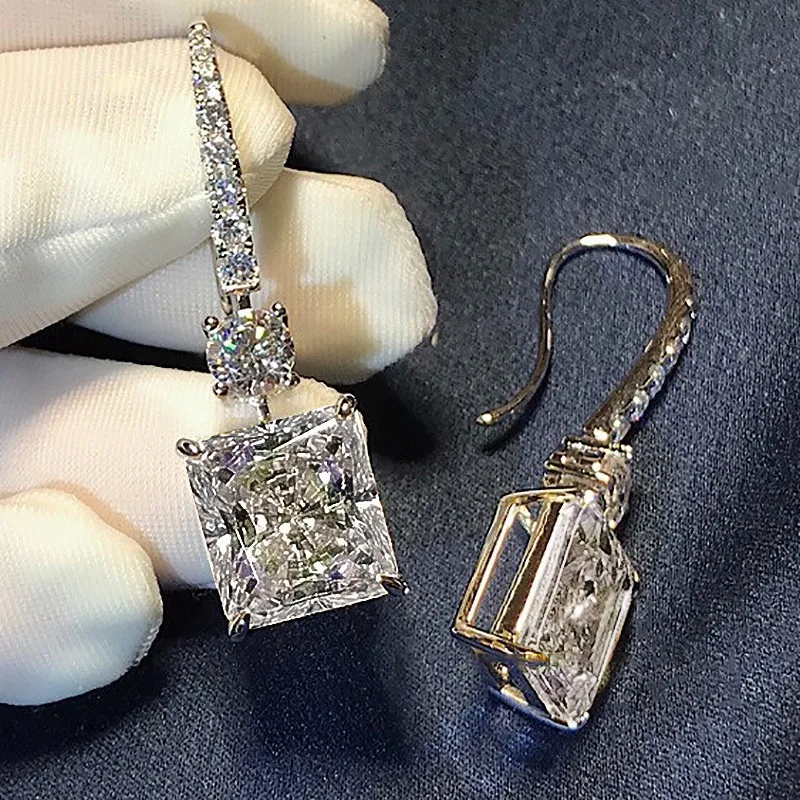 Radiant Cut 4ct Topaz Diamond Dangle Earring Real 925 Sterling silver Jewelry Party Wedding Drop Earrings for Women Bridal