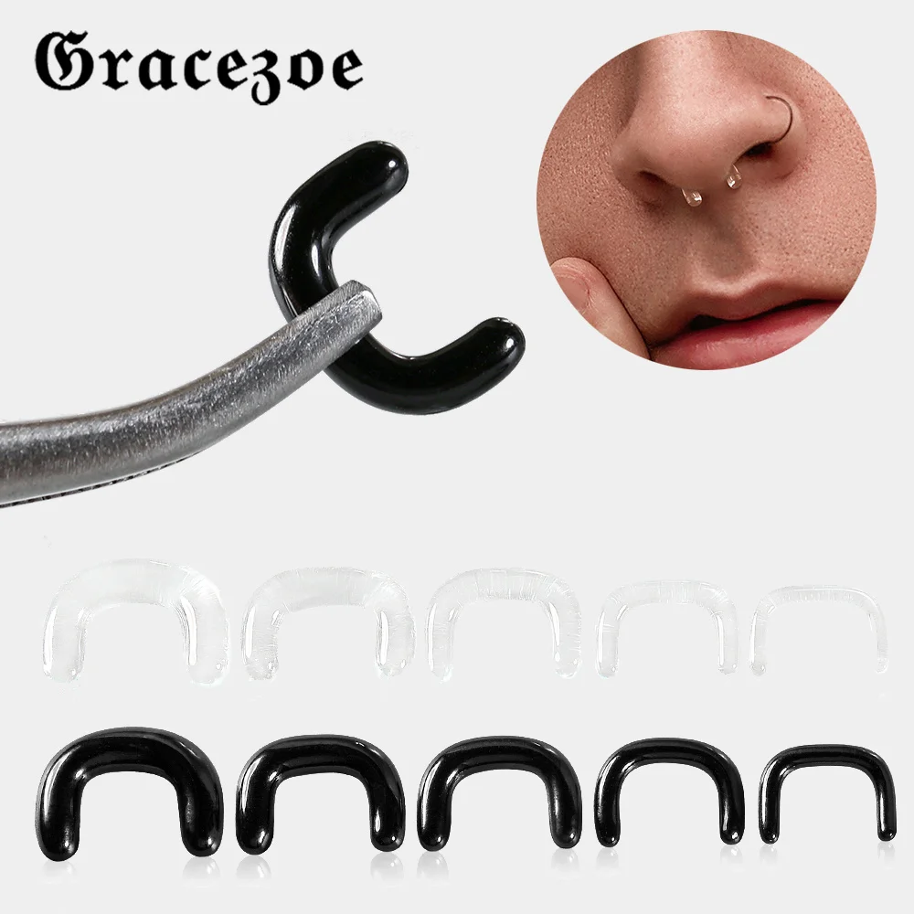 Gracezoe 2PCS 16G-8G Pyrex Clear Black Glass U-Shaped Nose Rings Studs Retainer Stretching Kits Flat Piercing Body Jewelry Cozy