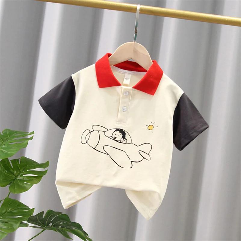 Summer Boys 2024 Korean Fashion Casual Breathable Solid Color Cartoon Pilot/POLO Shirt/2-7 Years Old