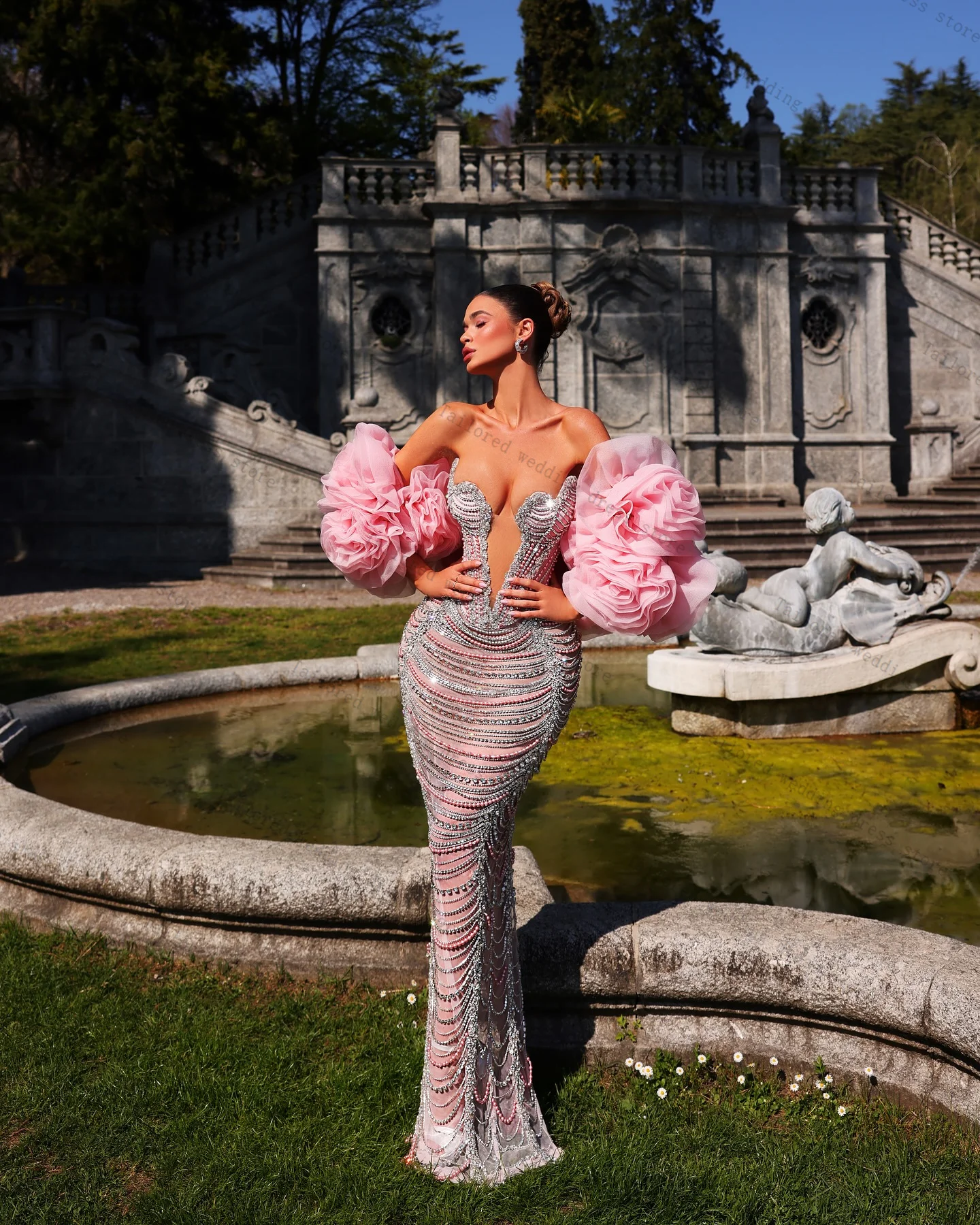 Crystals Pink Mermaid Women Prom Dresses Sexy Sheer Neck Sleeveless Evening Gown Luxury Customized Lace Up Back Robe