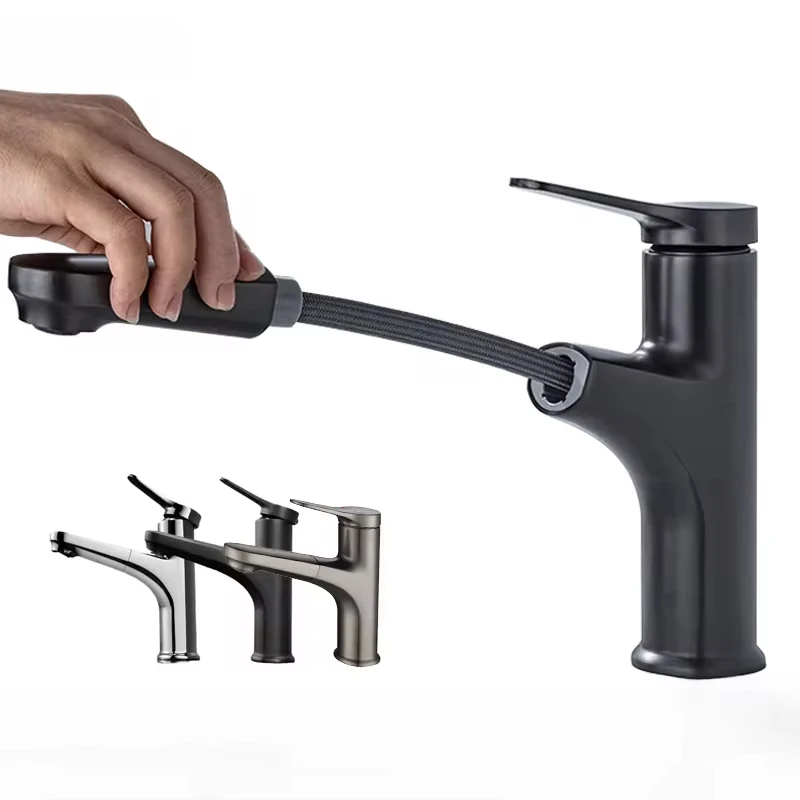 Hot and Cold Water Faucet Brass Valve Body Multifunctional Pull-Out Basin Faucet Single Handle Sink Faucet Bathroom Accessories