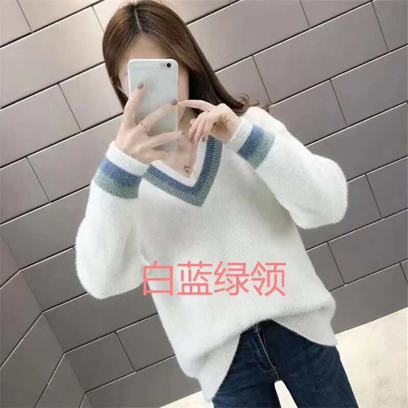 Imitation Mink Fur Women's Pullover Student 2024 Autumn Winter New Item With Thick Velvet And Loose V-Neck Knitted Base Sweater