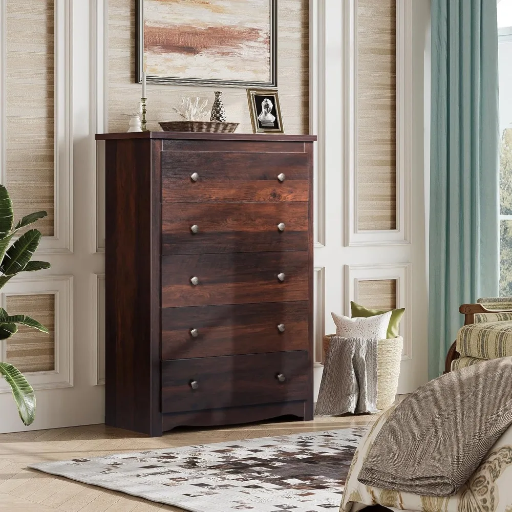 Cômoda de madeira rústica marrom com 5 gavetas, armário de armazenamento moderno para quarto com gavetas organizadoras