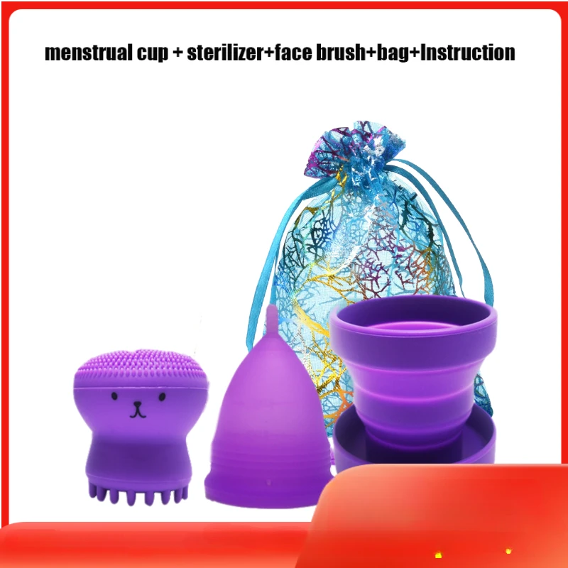 Medical Silicone Menstrual Cup&Foldable Cup Feminine Hygiene Menstrual Period Reusable Vaginal Cups gift Face Cleansing Brush